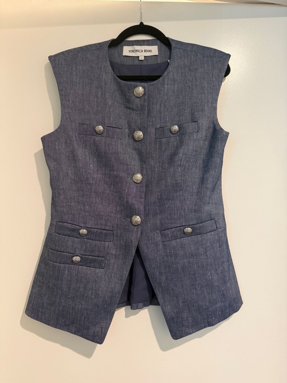 Veronica Beard Chambray-Style Sleeveless Vest in Navy Blue